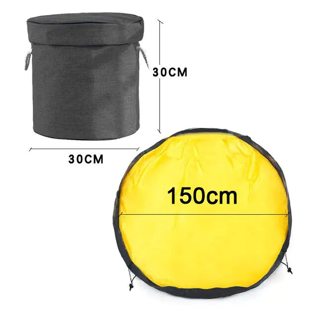 Foldable toy storage mat with basket