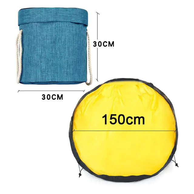 Foldable toy storage mat with basket