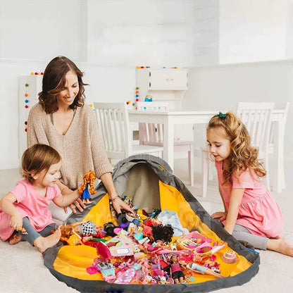 Foldable toy storage mat with basket